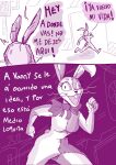  anthro bow_accessory breasts buckteeth comic dialogue duo female five_nights_at_freddy&#039;s five_nights_at_freddy&#039;s_3 happy lagomorph leporid male mammal monochrome rabbit renita_reed scottgames scut_tail short_tail simple_background spanish_text speech_bubble springtrap_(fnaf) tail teeth text vanny_(fnaf) whiskers 