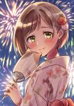  1girl aerial_fireworks animal_print blush bow breasts brown_hair closed_mouth dot_nose fireworks fish_print floral_print flower from_side goldfish_print green_eyes hair_flower hair_ornament hand_fan hand_up highres holding holding_fan idolmaster idolmaster_cinderella_girls idolmaster_cinderella_girls_starlight_stage japanese_clothes kimono large_breasts looking_at_viewer maekawa_miku obi paper_fan pink_flower pink_kimono print_kimono red_bow red_flower sash short_hair smile solo tori_ririisu uchiwa upper_body waist_bow yukata 