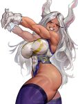 1girl :d animal_ears artist_name ass bare_shoulders boku_no_hero_academia breasts covered_abs covered_navel crescent_print dark-skinned_female dark_skin gloves highleg highleg_leotard highres large_breasts leotard long_eyelashes long_hair looking_at_viewer mirko muscular muscular_female own_hands_together parted_bangs purple_thighhighs rabbit_ears rabbit_girl red_eyes sayanestia sleeveless_turtleneck_leotard smile solo stretching taut_leotard teeth thick_thighs thighhighs thighs white_background white_gloves white_hair white_leotard 