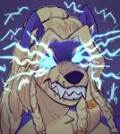  accessory anthro arlon_lucetius blue_body blue_fur braided_hair canid canine canis clenched_teeth deity electricity electricity_manipulation elemental_manipulation european_mythology eye_scar facial_scar fur greek_mythology growling hair hair_accessory hair_ring hi_res lightning male mammal man_bun mythology scar solo teeth wolf yellow_body yellow_fur 