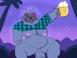  alcohol andromorph anthro beard beer beverage big_pecs blush bottomless clawzetto clothed clothing container cup digital_media_(artwork) domestic_cat dreamworks facial_hair felid feline felis fur genitals grey_body grey_fur holding_beverage holding_object intersex kipo_and_the_age_of_wonderbeasts log mammal mustache navel netflix nipples outside palm_tree partially_clothed pecs pink_nipples plant purple_eyes pussy raised_clothing raised_shirt raised_topwear shirt sitting solo teeth topwear tree wood yumyan_hammerpaw 