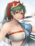  1girl bandages bandeau blue_shirt breasts chest_sarashi cleavage cm_lynarc collarbone commentary earrings english_commentary fire_emblem fire_emblem:_the_blazing_blade fire_emblem_heroes green_eyes green_hair grin highres jewelry large_breasts long_hair looking_at_viewer lyn_(fire_emblem) lyn_(flame)_(fire_emblem) mask mask_on_head midriff official_alternate_costume ponytail revision sarashi shirt single-shoulder_shirt single_bare_shoulder single_sleeve smile solo strapless tube_top upper_body 