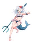  1girl ankle_scrunchie barefoot bikini blue_bikini blue_hair blue_nails blue_tail collarbone commentary dated english_commentary eyelashes feet fins fish_tail flat_chest flower frilled_bikini frills full_body gawr_gura grey_hair hair_flower hair_ornament highres holding hololive hololive_english knees_together_feet_apart legs long_hair looking_at_viewer multicolored_hair nail_polish navel one_eye_closed polearm scrunchie shark_girl shark_tail sharp_teeth signature solo standing standing_on_one_leg stomach_tattoo streaked_hair swimsuit tail tattoo teeth thigh_strap thighs toenail_polish toenails toes trident twitter_username utsukusheep virtual_youtuber weapon wrist_scrunchie 