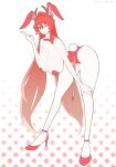  animal_ears bent_over bow bowtie breasts goddess_of_victory:_nikke high_heels highres huge_breasts long_hair one_eye_closed playboy_bunny rabbit_ears rabbit_tail red_eyes red_hair red_hood_(nikke) tail white_background yoonsun 