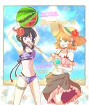  2girls alternate_costume beach bikini black_hair blue_sky day dessert english_text feeding fire_emblem fire_emblem:_genealogy_of_the_holy_war flower food frilled_bikini frills fruit hair_flower hair_ornament hat heart holding holding_spoon ice_cream ice_cream_spoon lana_(fire_emblem) larcei_(fire_emblem) multiple_girls ocean orange_hair outdoors pink_bikini purple_bikini sand sarong short_hair sky spoon summer sun_hat swimsuit watermelon yzkmm 