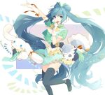  1girl :3 alolan_vulpix aqua_hair black_thighhighs blue_eyes blue_hair bow-shaped_hair cinnamoroll clothed_pokemon crossover dress frills gloves hatsune_miku highres holding holding_microphone long_hair microphone multicolored_hair multiple_crossover musical_note open_mouth pokemon pokemon_(creature) sanrio shakemi_(sake_mgmgmg) short_sleeves simple_background thighhighs twintails very_long_hair vocaloid white_gloves 