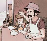  2boys andony_strawhat apron black_hair blue_headwear brown_hair closed_eyes don_ramon el_chavo el_chavo_del_ocho facial_hair food food_stand grey_shirt hat headpat highres multiple_boys mustache outdoors sandwich shirt smile striped striped_shirt suspenders t-shirt 