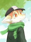  anthro bust_portrait cheek_tuft child clothed clothing dragon ears_back eyebrows facial_tuft fur furred_dragon glistening glistening_eyes green_clothing green_scarf green_topwear grey_clothing grey_hat grey_headwear hair hat headgear headwear hi_res kutto kuttoyaki male mouth_closed orange_eyebrows orange_eyes orange_hair pivoted_ears portrait scarf simple_background solo topwear tuft wearing_hat white_body white_clothing white_fur white_hat white_headwear yellow_body yellow_fur young 