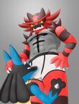  absurd_res anthro blue_body blue_fur bulge bulge_in_face clothed clothing crotch_sniffing duo e621netuser forced fur generation_4_pokemon generation_7_pokemon grin hi_res incineroar lucario male male/male muscular muscular_anthro muscular_male nintendo pokemon pokemon_(species) smile sniffing topless topless_male underwear 