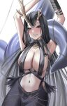  1girl absurdres antlers arms_up azur_lane black_eyes black_hair breast_curtains breasts buko_(bukosuki) chain cowboy_shot golden_hind_(azur_lane) highres large_breasts long_hair looking_at_viewer mole mole_under_mouth reindeer_antlers simple_background solo tentacles very_long_hair white_background 
