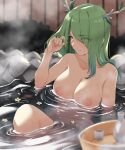  1girl alcohol antlers arm_up breasts bucket ceres_fauna completely_nude eyes_visible_through_hair green_hair highres hololive hololive_english knee_up large_breasts long_hair looking_at_viewer nipples nude onsen parted_lips partially_submerged rock sake sitting smile solo steam sweat tokkuri virtual_youtuber water wooden_bucket wooden_wall yellow_eyes yuyu5x 