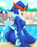  absurd_res anthro avian beach_chair beak big_butt blue_body blue_eyes blush breasts butt diamondstorm feathers female generation_9_pokemon genitals hi_res looking_at_viewer nintendo nipples nude outside plant pokemon pokemon_(species) pool poolside public_pool pussy quaquaval raised_tail sitting solo swimming_pool tail tree umbrella water wet white_body wings 