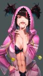  1girl abs absurdres aduti_momoyama black_hair black_nails breasts cleavage collarbone commentary_request diagonal_bangs green_eyes grey_background han_juri hands_in_pockets heterochromia highres multicolored_hair navel onesie open_mouth pink_eyes pink_hair pink_hood short_hair simple_background solo streaked_hair street_fighter street_fighter_6 teeth twintails two-tone_hair upper_teeth_only 