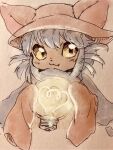  2020 :3 ambiguous_gender anthro brown_body brown_fur bust_portrait clothed clothing colored cute_fangs digital_media_(artwork) domestic_cat felid feline felis front_view fur furgonomic_headwear glistening glistening_eyes grey_hair hair hat headgear headwear holding_light_bulb holding_object ineka kemono light_bulb looking_at_viewer mammal monotone_body monotone_fur monotone_hair niko_(oneshot) no_sclera oneshot portrait pupils scarf short_hair snaggle_tooth solo yellow_eyes 