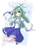  1girl aqua_eyes blue_skirt blush breasts brown_footwear closed_mouth collared_shirt detached_sleeves foot_out_of_frame frilled_skirt frills frog_hair_ornament gohei green_hair hair_ornament highres hihi_(cvwv4322) kochiya_sanae long_hair looking_at_viewer medium_breasts nontraditional_miko shirt single_hair_tube skirt sleeveless sleeveless_shirt smile snake_hair_ornament solo touhou white_shirt white_sleeves wide_sleeves 
