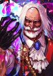  1boy ascot beard black_gloves blue_eyes darkness facial_hair gloves hungry_clicker jp_(street_fighter) male_focus mustache red_vest shirt street_fighter street_fighter_6 vest white_hair white_shirt 