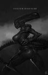  2022 absurd_res alien alien_(franchise) alien_humanoid blade breasts butt english_text eyeless featureless_breasts female greyscale hand_on_hip hi_res humanoid justsomenoob monochrome nude raining side_view solo spines tail tail_blade text weapon_tail xenomorph 
