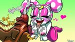  animal_crossing anthro bodily_fluids breasts cum cum_on_face female genital_fluids genitals hi_res human human_on_anthro interspecies lagomorph leporid male male/female mammal masturbation nintendo nipples penile penile_masturbation penis protagon rabbit tongue tongue_out 