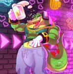  2023 alcohol anthro beer beverage big_bulge blush bottomwear bulge clothed clothing crocodile crocodilian crocodylid drunk green_body hi_res looking_at_viewer male open_mouth reptile scalie sega solo sonic_the_hedgehog_(series) substance_intoxication tentabat tongue tongue_out topwear vector_the_crocodile 