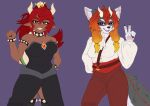  2021 anthro arcadia_(oneggiri) armband biceps black_claws black_clothing black_collar black_dress black_nose blonde_hair bottomwear bowsette_meme bracelet breasts brown_body brown_skin canid canine canis claws cleavage clothed clothing collar crown digital_drawing_(artwork) digital_media_(artwork) dress duo ear_piercing eyebrows female finger_claws flat_colors fur gradient_hair grey_body grey_fur hair headgear hi_res horn humanoid humanoid_hands humanoid_pointy_ears inner_ear_fluff jewelry legband long_hair mammal mario_bros markings meme nintendo oneggiri open_mouth open_smile orange_hair pants pawpads piercing pink_inner_ear pink_pawpads pink_tongue ponytail portrait purple_background purple_eyes red_body red_bottomwear red_claws red_clothing red_eyebrows red_eyes red_fur red_hair red_markings red_pants sharp_teeth shirt simple_background smile spiked_armband spiked_bracelet spiked_collar spiked_legband spikes standing super_crown teeth thick_eyebrows three-quarter_portrait tongue topwear tuft white_body white_clothing white_fur white_horn white_inner_ear_fluff white_shirt white_topwear wolf 