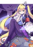  1girl 7th_dragon_(series) 7th_dragon_2020 blonde_hair blue_eyes border bow chelsea_(7th_dragon) commentary_request cross_tie crown dragon floro_(7th_dragon) flower foot_out_of_frame gothic_lolita hacker_(7th_dragon) hair_between_eyes hair_bow hand_up highres holographic_keyboard letterboxed lolita_fashion long_hair long_sleeves mini_crown outline outside_border pantyhose pink_nails purple_pantyhose purple_skirt purple_sky rock rose sidelocks sitting skirt sky solo striped striped_bow striped_pantyhose teddyfredy26 twintails v vertical-striped_pantyhose vertical_stripes very_long_hair white_border white_outline 