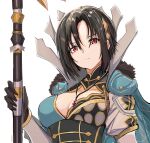  1girl absurdres black_hair breasts cape cleavage closed_mouth clothing_cutout fire_emblem fire_emblem_engage hair_between_eyes high_collar highres holding holding_weapon jewelry large_breasts looking_at_viewer necklace nel_(fire_emblem) novembertimex red_eyes short_hair solo weapon 