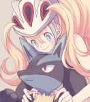  1girl bare_arms blonde_hair bright_pupils closed_mouth commentary_request eyelashes grey_background grey_eyes hair_between_eyes helmet highres komasawa_(fmn-ppp) korrina_(pokemon) long_hair looking_down lucario pokemon pokemon_(creature) pokemon_(game) pokemon_xy smile two_side_up white_headwear 