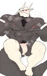  2023 abs absurd_res aggron anthro black_body blush bodily_fluids body_hair chest_hair clothed clothing dumbandgreen facial_hair footwear generation_3_pokemon genital_fluids hair hairy_arms hi_res horn looking_at_viewer male muscular muscular_anthro muscular_male nintendo nipples pecs pokemon pokemon_(species) pubes socks solo tail 