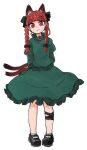  1girl :3 ane animal_ears arms_behind_back black_bow bow braid cat_ears cat_tail dress extra_ears green_dress highres kaenbyou_rin leg_ribbon looking_at_viewer mary_janes multiple_tails pointy_ears puffy_sleeves red_eyes red_hair ribbon shoes simple_background slit_pupils solo standing tail touhou twin_braids two_tails white_background 