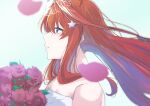  1girl absurdres akaneiro_(akane_color35) bare_shoulders blue_eyes blurry blush bouquet bridal_veil commentary depth_of_field dress eyelashes falling_petals floating_hair flower from_side go-toubun_no_hanayome hair_between_eyes hair_ornament highres holding holding_bouquet light_blue_background lips long_hair looking_afar nakano_itsuki nose parted_lips petals pink_flower pink_rose profile red_hair rose sidelocks simple_background solo star_(symbol) star_hair_ornament upper_body veil wedding wedding_dress 