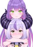  2girls absurdres ahoge amct_(candyca03092112) blush demon_horns earrings green_eyes grey_hair hair_ornament hairpin highres hololive horns jewelry la+_darknesss la+_darknesss_(1st_costume) long_hair looking_at_viewer multicolored_hair multiple_girls pink_hair pointy_ears purple_hair streaked_hair tokoyami_towa virtual_youtuber x_hair_ornament yellow_eyes 