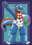  absurd_res animate_inanimate anthro ball beach_ball clothed clothing diaper dinosaur happy hi_res holding_beach_ball inflatable leslie_(experiment626) living_inflatable male pattern_diaper permagrin pool_toy reptile ryucas scalie simple_background smile solo theropod tyrannosaurid tyrannosaurus tyrannosaurus_rex waving_hand wearing_diaper 