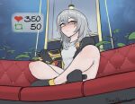  1girl artist_name bare_legs black_footwear black_gloves black_jacket blush breasts cellphone closed_mouth commentary couch english_commentary eyelashes full_body gloves grey_hair grey_shirt hair_between_eyes high_heels highres holding honkai:_star_rail honkai_(series) indian_style indoors jacket like_and_retweet long_hair looking_at_viewer meme phone plant shirt sidelocks sitting smartphone solo starpermafrost stelle_(honkai:_star_rail) trailblazer_(honkai:_star_rail) twitter_strip_game_(meme) yellow_eyes 