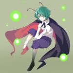  1girl antenna_hair antennae black_cape blue_shirt brown_background cape closed_mouth commentary_request exkagerou8665 full_body green_eyes green_hair high_heels highres long_sleeves looking_at_viewer one-hour_drawing_challenge red_footwear shirt simple_background socks solo touhou white_shirt white_socks wriggle_nightbug 