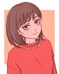  1girl bob_cut brown_eyes brown_hair brown_pupils closed_mouth commentary floral_print iwakura_mitsumi lace-trimmed_sweater long_sleeves looking_at_viewer looking_to_the_side looking_up moshimoshibe orange_background outside_border pink_sweater romaji_commentary short_hair simple_background skip_to_loafer smile solo sweater upturned_eyes 