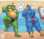  anthro avian beach bird butt clothing dialogue donkey_kong_(series) duo eyewear hi_res king_dedede king_k._rool kirby_(series) lying male nintendo on_back on_front penguin presenting presenting_hindquarters seaside streif sunglasses tagme thong underwear 