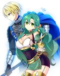  1boy 1girl armor black_gloves blonde_hair blue_cape blue_eyes braid breasts cape chloe_(fire_emblem) cleavage cleavage_cutout closed_mouth clothing_cutout covered_navel dimitri_alexandre_blaiddyd fire_emblem fire_emblem:_three_houses fire_emblem_engage gloves green_eyes green_hair hair_ribbon highres holding holding_weapon kanemitsu411 large_breasts long_hair looking_at_viewer pegasus_knight_uniform_(fire_emblem) ribbon short_hair shoulder_armor skin_tight wavy_hair weapon white_background 