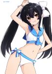  1girl arm_up armpits bikini black_hair blue_bow blue_neckerchief blue_sailor_collar blush bow bracelet collarbone cowboy_shot dot_nose flat_chest hair_between_eyes hair_bow hand_on_own_hip highres idolmaster idolmaster_cinderella_girls jewelry long_hair looking_at_viewer matoba_risa navel neckerchief roccamoya sailor_collar sailor_swimsuit_(idolmaster) sidelocks smile solo stomach swimsuit thighs twintails white_background white_bikini white_bow wristband yellow_eyes 