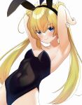  &gt;:) 1girl ahoge animal_ears arm_behind_head armpits arms_up bare_arms black_leotard blonde_hair blue_eyes blunt_ends blush breasts closed_mouth commentary_request covered_navel crossed_bangs double_bun eyelashes eyes_visible_through_hair fake_animal_ears hair_between_eyes hair_bun highleg highleg_leotard highres leaning_back leotard lips long_hair looking_at_viewer playboy_bunny rabbit_ears shirayuki_noa small_breasts smile solo standing straight_hair tenshi_souzou_re-boot! tft_(tft7822) twintails v-shaped_eyebrows very_long_hair wing_hair_ornament 