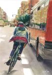  1boy artworksmil bicycle building bus car city english_text highres motor_vehicle original painting_(medium) realistic reflection riding riding_bicycle road signature street traditional_media traffic_light van 