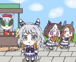  4girls :t alternate_headwear animal_ears apron ash_ketchum blush_stickers bow bowtie braid brown_footwear chibi commentary ear_bow ear_covers eating food food_stand french_braid gabeu_(miracle_t) gold_ship_(umamusume) green_bow green_eyes grey_hair highres hishi_miracle_(umamusume) holding holding_food horse_ears horse_girl horse_tail king_halo_(umamusume) long_hair medium_hair multiple_girls mustard one_side_up outdoors pink_eyes pleated_skirt puffy_short_sleeves puffy_sleeves purple_bow purple_bowtie purple_eyes purple_shirt red_apron red_eyes sailor_collar sausage school_uniform shirt short_hair short_sleeves sideways_glance skirt special_week_(umamusume) summer_uniform sunglasses sweatdrop tail tongue tongue_out tracen_school_uniform two-tone_eyes umamusume wavy_hair white_sailor_collar white_skirt 