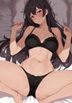  1girl absurdres bare_arms bare_shoulders barefoot black_bra black_hair black_panties blush bra breasts brown_eyes commentary_request highres large_breasts legs long_hair looking_at_viewer lying navel on_back on_bed original panties sidelocks smile solo spread_legs stomach teeth underwear underwear_only wreath_(lit) 