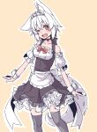  1girl animal_ears apron bare_shoulders black_thighhighs bow collarbone dress fang frilled_apron frilled_dress frills highres inubashiri_momiji kuro-ekaki looking_at_viewer maid maid_apron maid_headdress one_eye_closed open_mouth outline red_bow short_hair short_sleeves skin_fang smile solo tail thighhighs touhou waist_apron white_apron white_outline wolf_ears wolf_girl wolf_tail wrist_cuffs yellow_background 