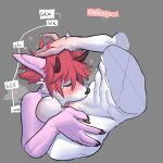  2_horns abs absurd_res anthro balls blush bodily_fluids bovid canid canine canis caprine clawed_fingers deep_throat domestic_dog duo ears_back fingerpads genitals goat hair hand_in_hair hi_res horn humanoid_hands hybrid ishmael_(core34) male mammal oral pawpads penis_in_mouth pink_body pivoted_ears red_hair saliva snout thecore34 tongue tongue_out touching_hair 