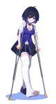  1girl absurdres ahoge bandages black_footwear black_skirt blue_eyes blue_hair blue_vest bob_cut breasts cleavage crutch crying crying_with_eyes_open full_body highres honkai_(series) honkai_impact_3rd neprbq open_mouth seele_vollerei seele_vollerei_(swallowtail_phantasm) shadow shirt short_hair short_sleeves simple_background single_thighhigh skirt solo standing standing_on_one_leg tattoo tears thighhighs toes vest white_background white_shirt white_thighhighs 