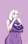  1girl 2020 absurdres animal_ears blush breasts covering_mouth curvy furry furry_female goat goat_horns highres horns large_breasts mature_female monster monster_girl pink_background pointy_ears purple_eyes rusal simple_background solo sparkle toriel undertale white_fur 