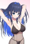  1girl absurdres armpits bangom_r black_hair black_panties blue_eyes blue_hair bra breasts cleavage hair_intakes hair_tie_in_mouth highres hololive hololive_english lace large_breasts lingerie long_hair mole mole_on_armpit mouth_hold multicolored_hair navel ouro_kronii panties solo underwear underwear_only virtual_youtuber 