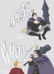  2boys black_footwear black_hair blonde_hair boots brothers cape club_(weapon) commentary_request crown desha_(ousama_ranking) despa_(ousama_ranking) grey_background grey_pants holding_club long_sleeves looking_at_another male_focus multiple_boys open_mouth ousama_ranking pants purple_cape short_hair siblings simple_background sitting speech_bubble spiked_club translation_request waataaanaaaaabe weapon 