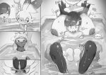  &lt;3 &lt;3_eyes absurd_res anthro areola bathing big_breasts biped breasts cinderace dialogue duo english_text eyes_closed female front_view generation_8_pokemon hi_res human male mammal menyang nintendo nipples nude open_mouth pokemon pokemon_(species) raboot scorbunny smile speech_bubble text 