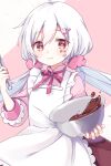  1girl :3 apron barcode barcode_tattoo bowl cat_hair_ornament frills gomano_rio hair_ornament hairclip highres holding holding_bowl mafumafu manun-chan niconico pink_background pink_shirt red_eyes ribbon scrunchie shirt tattoo twintails utaite_(singer) white_apron white_hair 